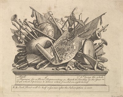Een wapenrek, muziekinstrumenten, enz., maart 1749-50 door William Hogarth