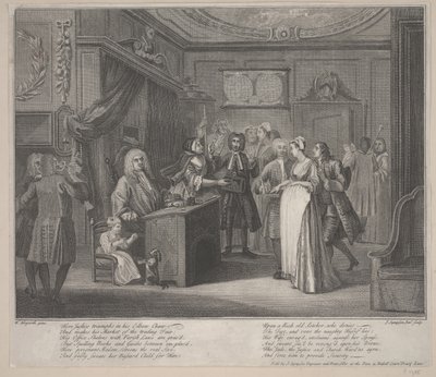 Een vrouw zweert een kind aan een ernstige burger door William Hogarth