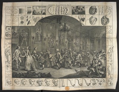 Een groot aantal mensen die dansen door William Hogarth