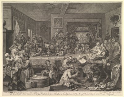 Een Verkiezingsfeest, Plaat I: Vier Prenten van een Verkiezing, februari 1755 door William Hogarth