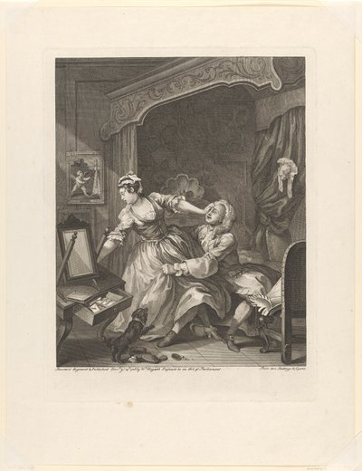 Man trekt een tegenstribbelende vrouw naar zich toe in een slaapkamer door William Hogarth
