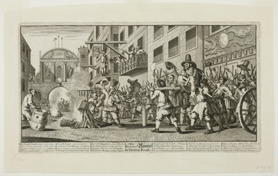 Burning the Rumps at Temple Bar, plaat elf van Hudibras door William Hogarth