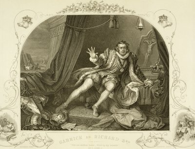 David Garrick als Richard III, Act V Scene 3, in het Toneelstuk van William Shakespeare, gegraveerd door Portbury door William Hogarth