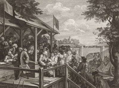 De parlementsverkiezingen. Blad 3: De stemming. 1758 door William Hogarth