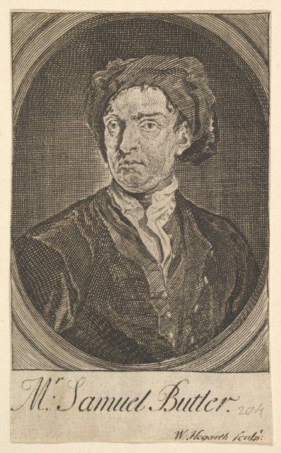 Frontispice portret zeventien kleine illustraties voor Samuel Butlers Hudibras, april 1726 door William Hogarth