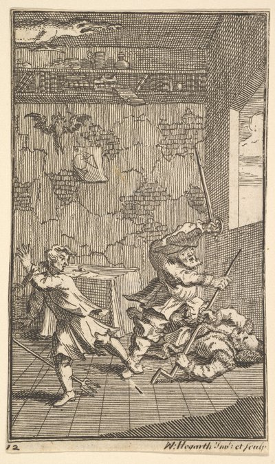 Hudibras slaat Sidrophel en Whachum Zeventien kleine illustraties voor Samuel Butler door William Hogarth