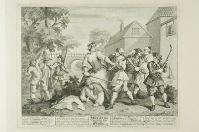 Hudibras overwonnen door Trulla, plaat vijf van Hudibras door William Hogarth