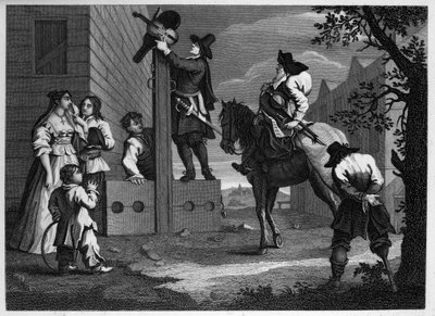 Hudibras en Ralpho brengen hun gevangene Crowdero naar de schandpaal door William Hogarth