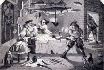 Hudribas valt astroloog Sidrophel en zijn knecht Whacum aan. Gravure door William Hogarth (1697-1764) voor het gedicht 