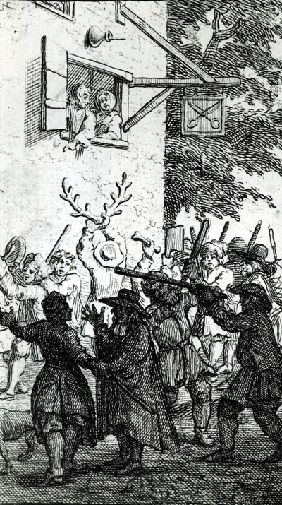 Hullabaloo tegen een kleermaker door William Hogarth