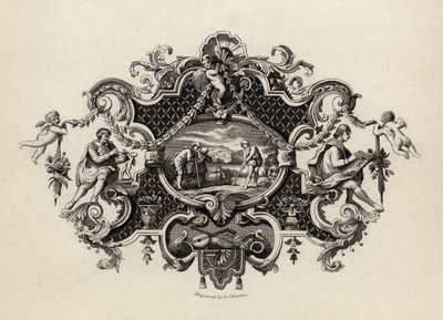 Afdruk van een zilveren bierpul, gegraveerd door E. Chavane, uit 