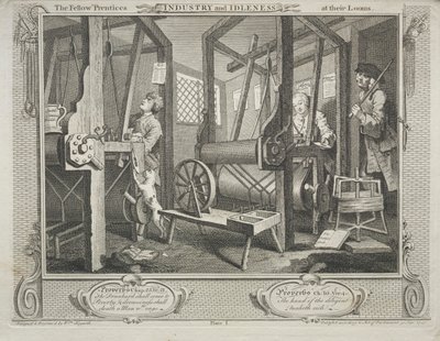 Industrie en luiheid: De mede-leerlingen aan hun weefgetouwen door William Hogarth