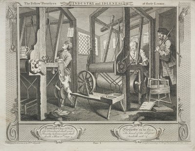 Industrie en luiheid: De mede-leerlingen aan hun weefgetouwen door William Hogarth