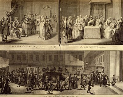 Oordeel van jonge zwangere vrouw, doop en begrafenis door William Hogarth