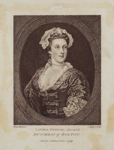 Lavinia Fenton, later Hertogin van Bolton, gegraveerd door Cornelius Apostool door William Hogarth