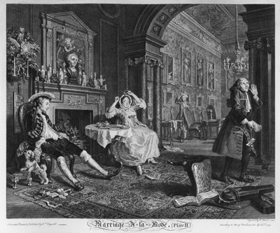Marriage a la Mode, Plaat II, De tête-à-tête, 1745 door William Hogarth