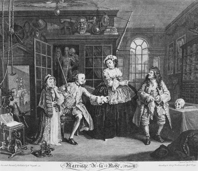 Huwelijk à la Mode, Plaat 3, (De Scène met de Kwakzalver) door William Hogarth