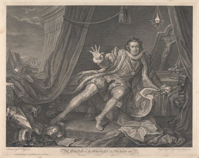 Mr. Garrick in de rol van Richard de Derde - "Richard III," Act V, Scene VII door William Hogarth