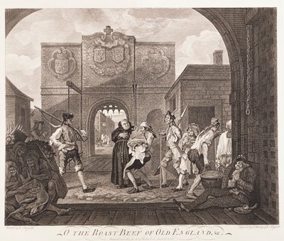 O het gebraden rundvlees van oud Engeland door William Hogarth