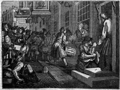 Plaat uit een serie van 12 gravures door William Hogarth, Britse illustrator, getiteld 