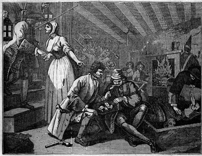 Plaat uit een serie van 12 gravures door William Hogarth, Britse illustrator, getiteld 