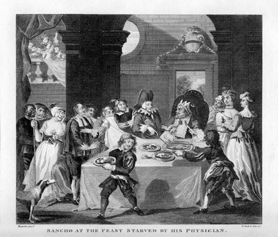 Sancho uitgehongerd door zijn arts door William Hogarth