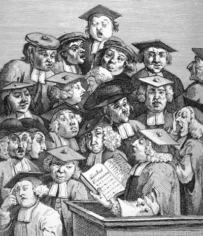 Geleerden bij een lezing, 20 januari 1736-37 door William Hogarth