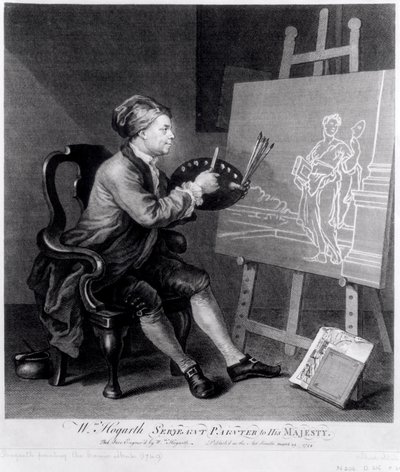 Zelfportret Schilderend de Komische Muze, gegraveerd door de kunstenaar, uitgegeven 1758 door William Hogarth