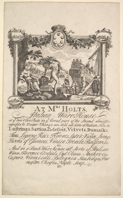 Winkelkaart voor Mrs. Holts Italiaanse magazijn, 1720-72 door William Hogarth