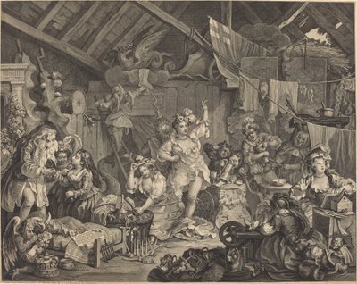 Wandelende actrices die zich aankleden in een schuur door William Hogarth