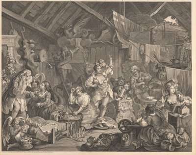 Rondtrekkende actrices verkleden zich in een schuur door William Hogarth