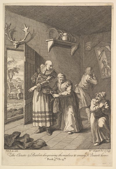 De Pastoor en de Kapper Vermommen Zich om Don Quichot naar Huis te Brengen, 1756 of later door William Hogarth