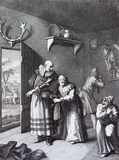 De kapelaan en de barbier vermommen zich om Don Quichot naar huis te brengen door William Hogarth door William Hogarth