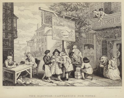 De verkiezing - stemmen werven: satire op de parlementsverkiezing van 1755, een van een serie van vier getiteld Humours of an Election door William Hogarth