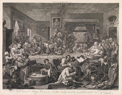 De verkiezing, plaat 1: “Een verkiezingsbanket” door William Hogarth