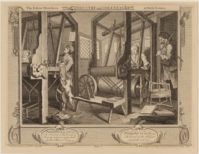 De gezellen aan hun weefgetouwen door William Hogarth