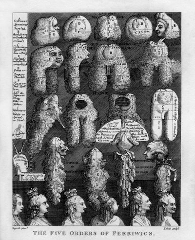 De vijf orden van de pruiken van George III door William Hogarth