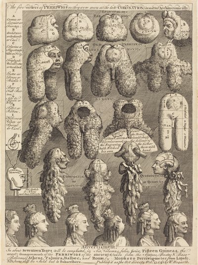 De Vijf Ordes van Pruiken zoals ze werden gedragen bij de Laatste Kroning, Architectonisch Gemeten door William Hogarth