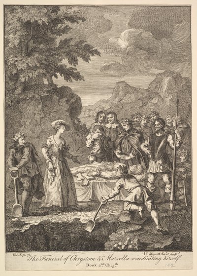 De Begrafenis van Chrystom & Marcella die zichzelf verdedigt, Zes Illustraties voor Don... door William Hogarth