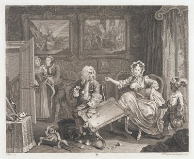 De hoer vindt een beschermer, ontworpen 1732, gedrukt 1744 door William Hogarth