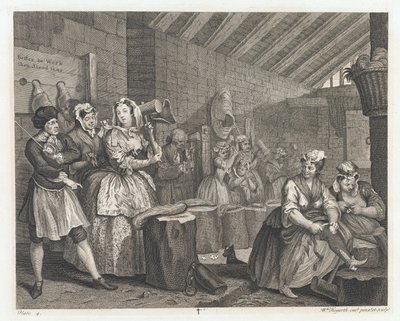 De hoer ondergebracht in Bridewell, ontworpen 1732, gedrukt 1744 door William Hogarth