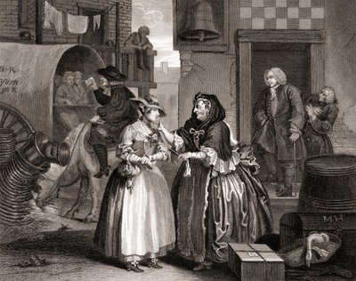 De vooruitgang van de hoer gevangen door een koppelaarster, uit De werken van Hogarth gepubliceerd Londen 1833 (gravure) door William Hogarth