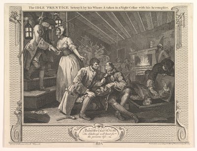 De Luie Leerling Verraden door zijn Hoer en Gevangen in een Nachtkelder door William Hogarth