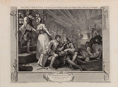 De luie leerling verraden door zijn hoer en meegenomen in een nachtkelder met zijn medeplichtige, 1747 door William Hogarth