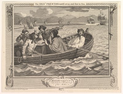 De luie leerling weggestuurd en naar zee gestuurd, uit Industry and Idleness, plaat door William Hogarth