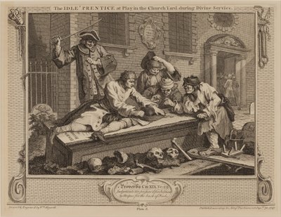 De luie leerling aan het spelen op het kerkhof tijdens de kerkdienst door William Hogarth