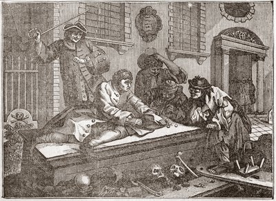 De luie leerling speelt op het kerkhof tijdens de kerkdienst - Plaat uit een serie van 12 gravures door William Hogarth (1697-1764), Britse illustrator, getiteld 