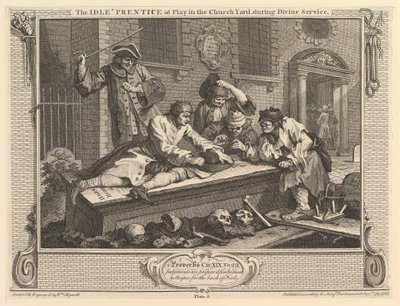 De luie leerling aan het spelen op het kerkhof: Industrie en luiheid, plaat 3 door William Hogarth