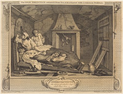 De Luie Leerling Teruggekeerd van Zee en in een Zolderkamer met een Gemeenschappelijke Prostituee door William Hogarth