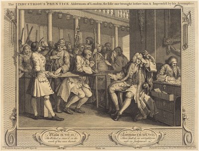 De ijverige leerling wethouder van Londen, de luie voor hem gebracht en aangeklaagd door zijn medeplichtige door William Hogarth